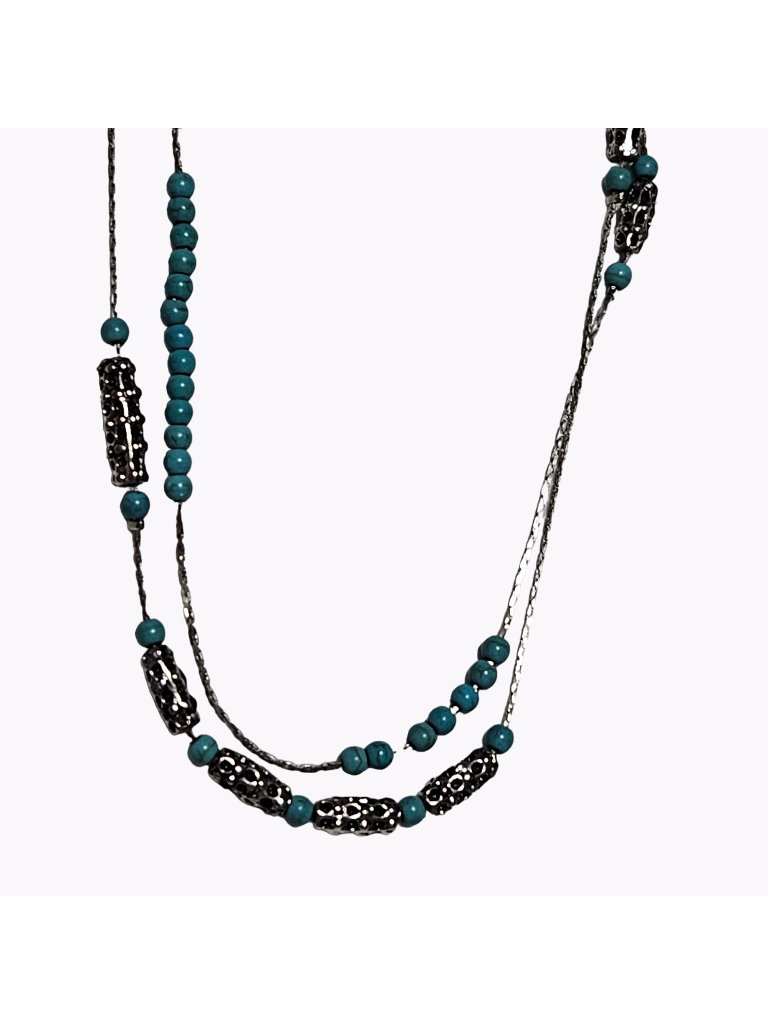 Erica Lyons Beaded Multi Strand Necklace Turquoise Silver Tone Beads Jewelry